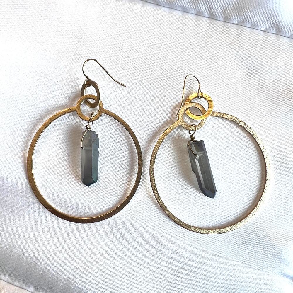 Gold-Tone Round Quartz Stone Hoop Earrings